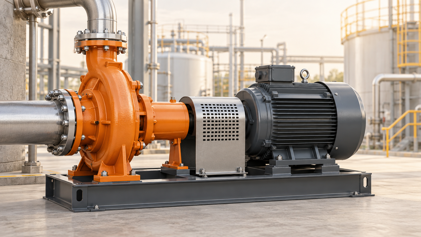 Conceptual illustration of a centrifugal pump coupled to an electric motor