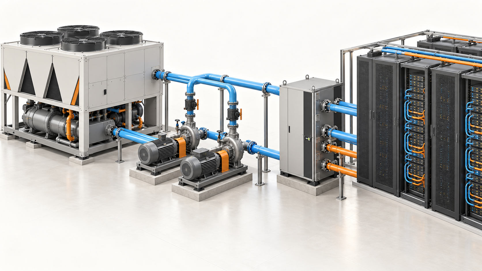 Conceptual illustration of data center cooling with a chiller, motor-driven pumps, coolant distribution unit and server racks