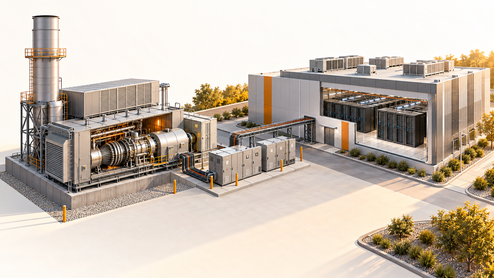 Conceptual illustration of a gas turbine generator package beside a data center and electrical switchgear